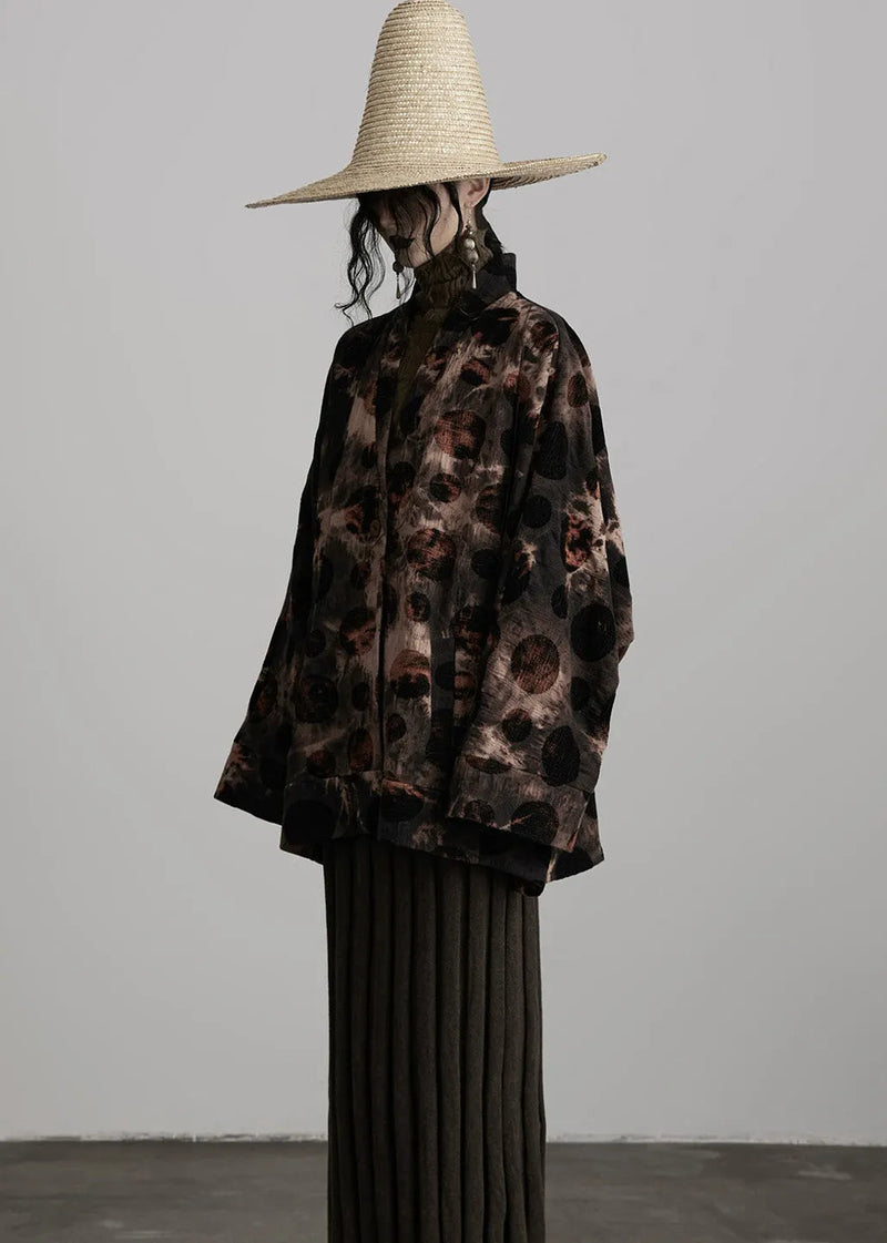 Coffee V Neck Button Tie Dye Cotton Coats Fall