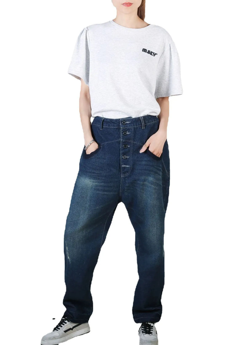 Navy Pockets Patchwork Denim Straight Pants Summer