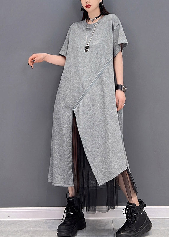 Grey O-neck Zippered Tulle Patchwork Dresses Short Sleeve