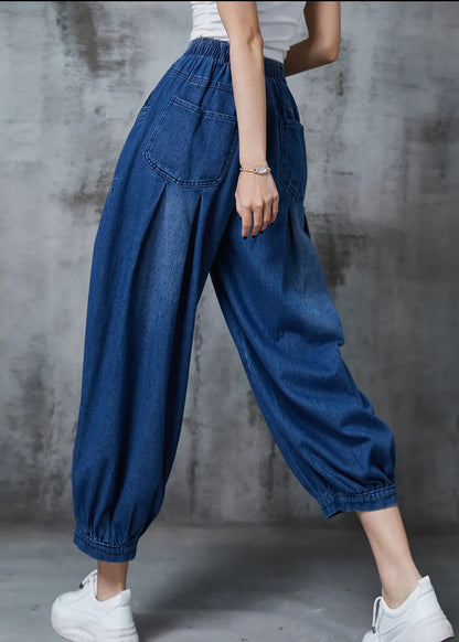 Navy Oversized Pockets Denim Harem Pants Summer