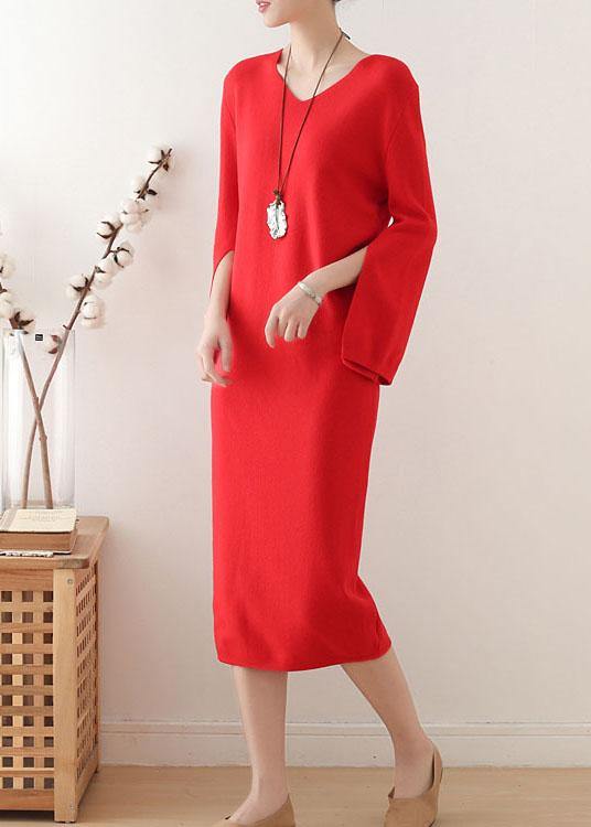 Simple Red V Neck Slim Fit Knitwear Dress