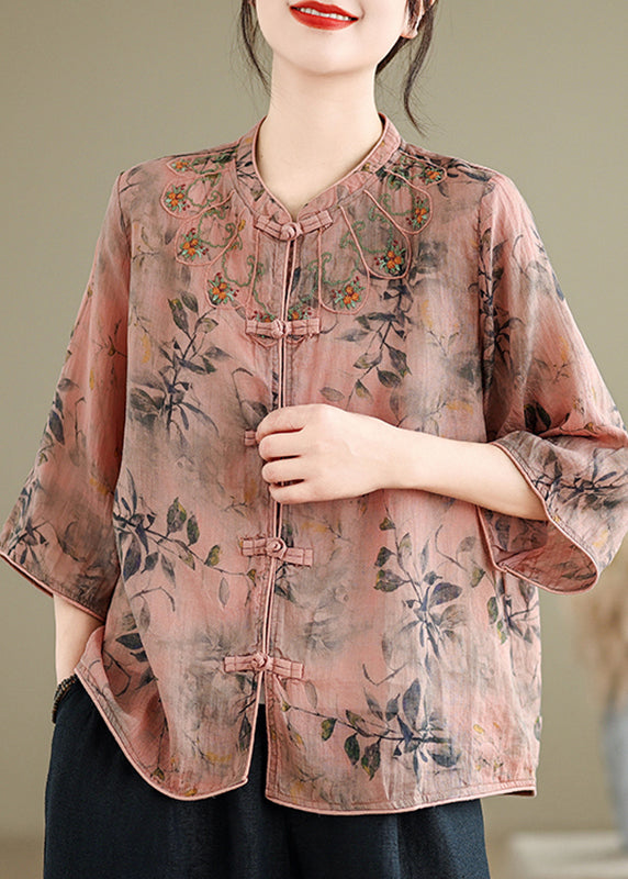 Handmade Pink O-neck Print Embroidered Button Top Half Sleeve