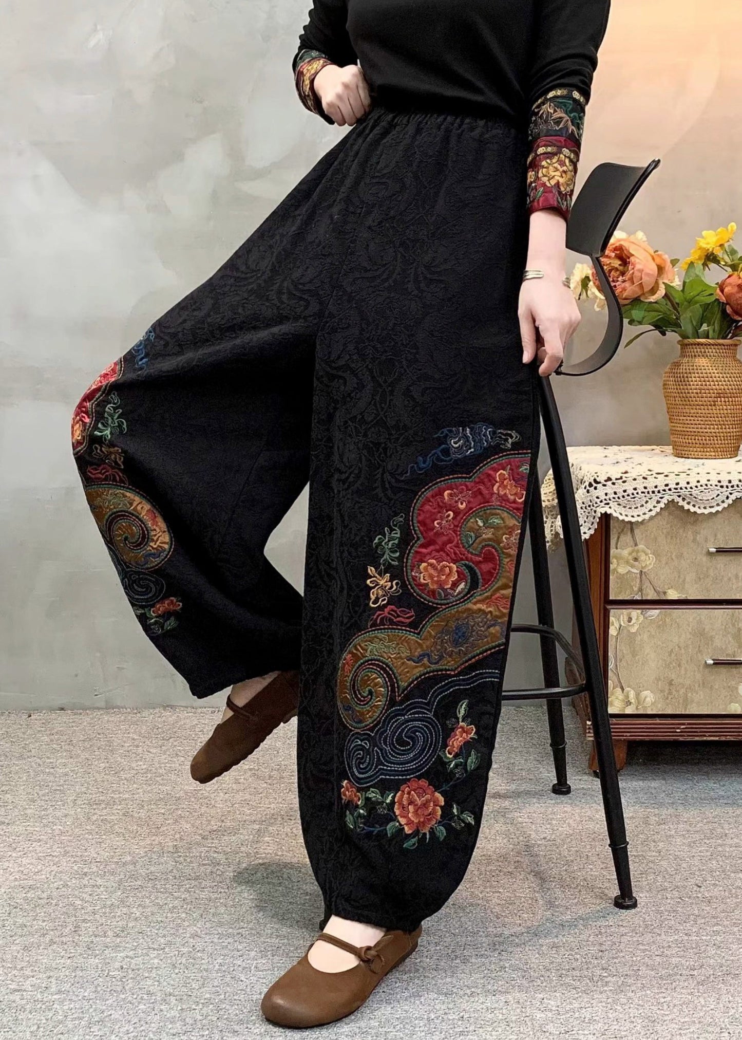 Black Embroidered Oversized Linen Pants Spring