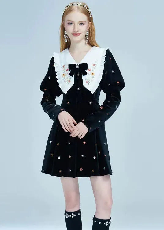 Diy Black Bow Collar Embroideried Silk Velour Dresses Spring
