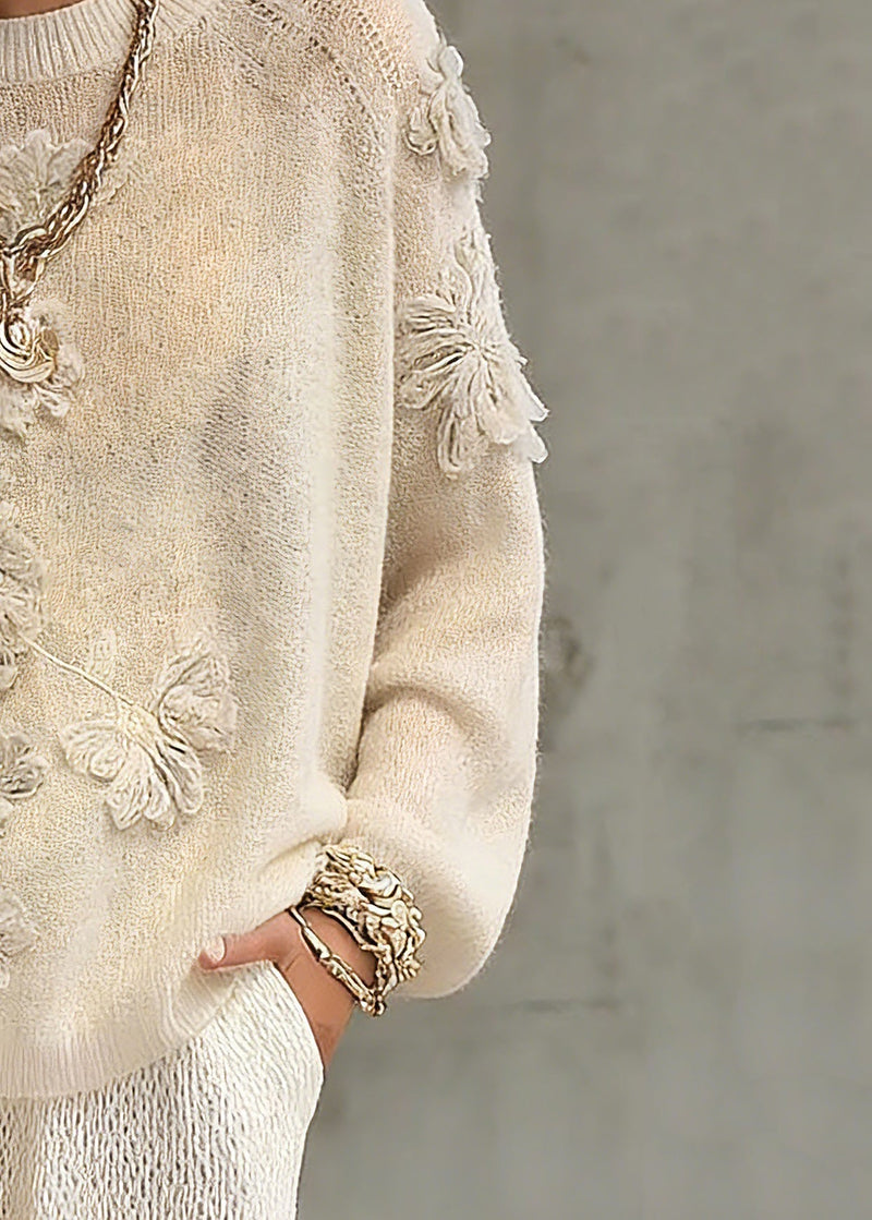 Beige O-neck Embroidered Cotton Knit Sweaters Spring