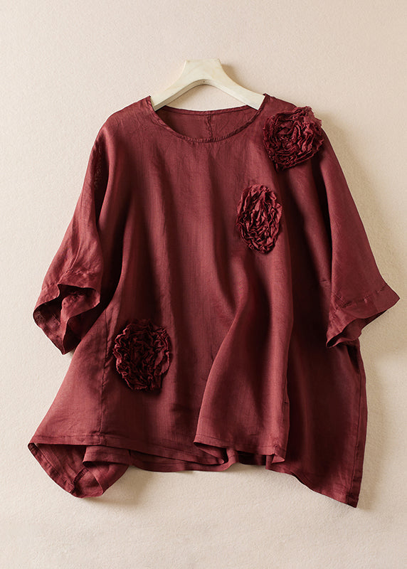 Organic Mulberry O Neck Decorated Linen T Shirt Summer