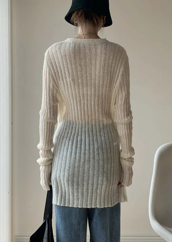 Simple White O-neck Thin Knit Sweater Dress Fall