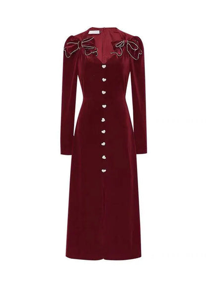 Red V Neck Bow Tie Waist Patchwork Velour Long Dress Fall