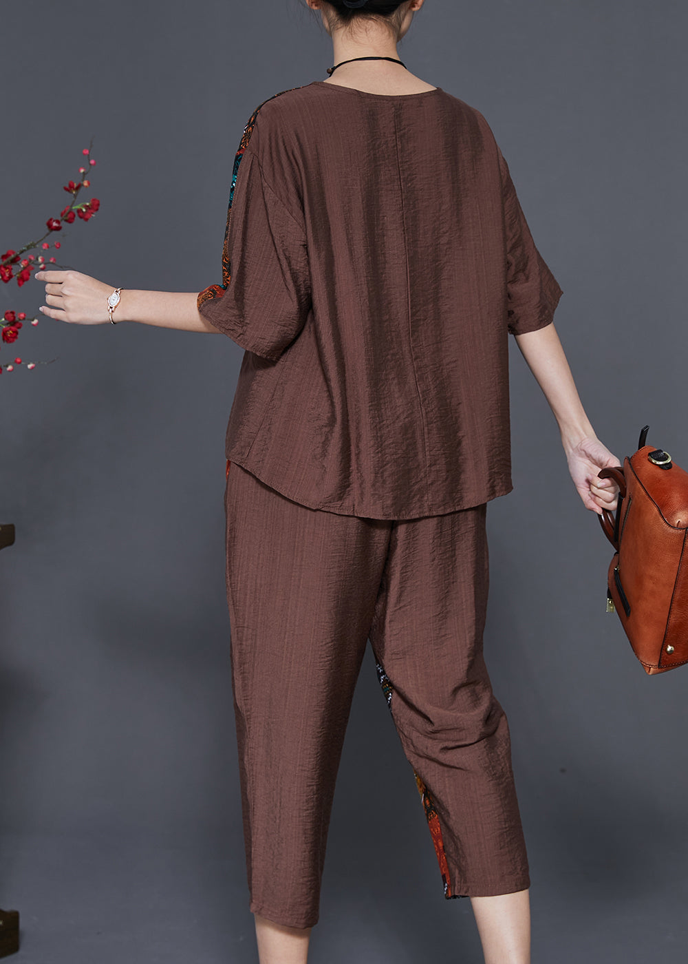 Coffee Chinese Button Patchwork Linen Two Pieces Set Summer