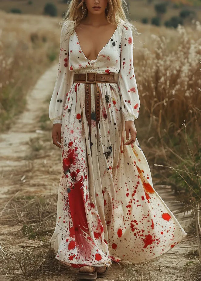 Beige V Neck Print Cotton Long Dress Spring
