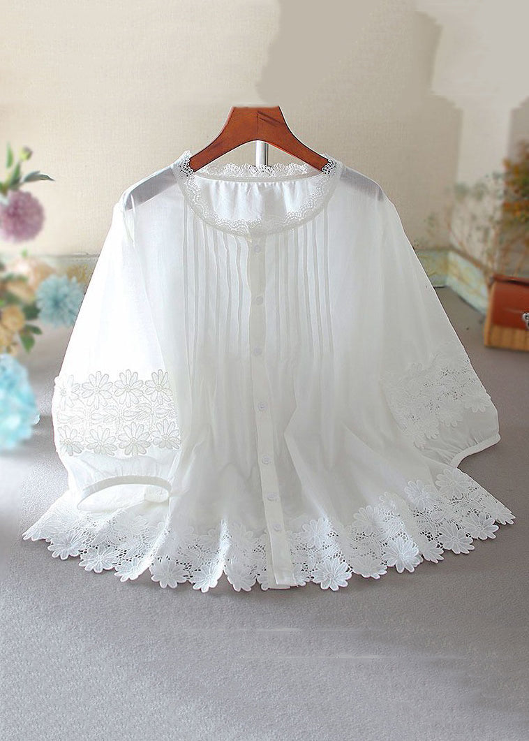 White Button Hollow Out Lace Patchwork Shirt Bracelet Sleeve Summer