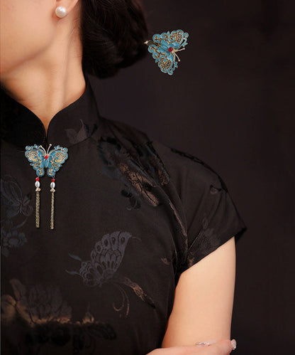 Blue Copper Overgild Pearl Butterfly Tassel Brooches