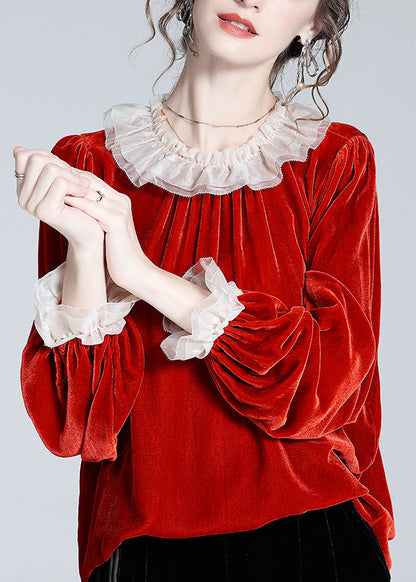 Loose Red Ruffled Patchwork Silk Velour Top Butterfly Sleeve