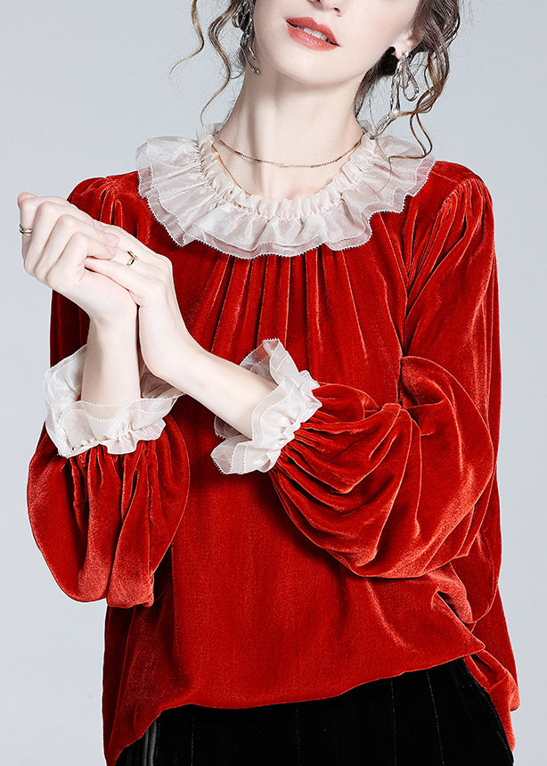 Loose Red Ruffled Patchwork Silk Velour Top Butterfly Sleeve