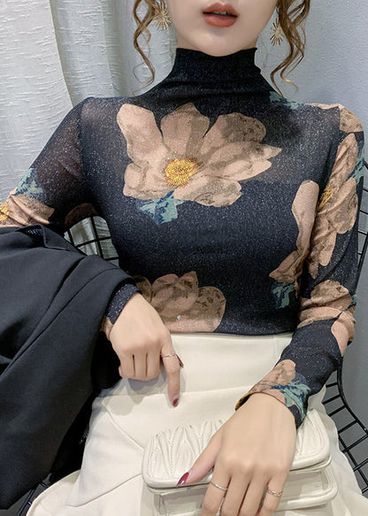Green Turtleneck Print Lace Tulle Warm Fleece Thick Tops Bottoming Shirt