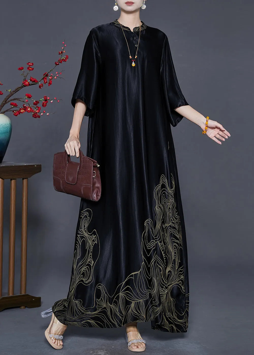 Boutique Black Mandarin Collar Print Silk Long Dresses Half Sleeve Summer