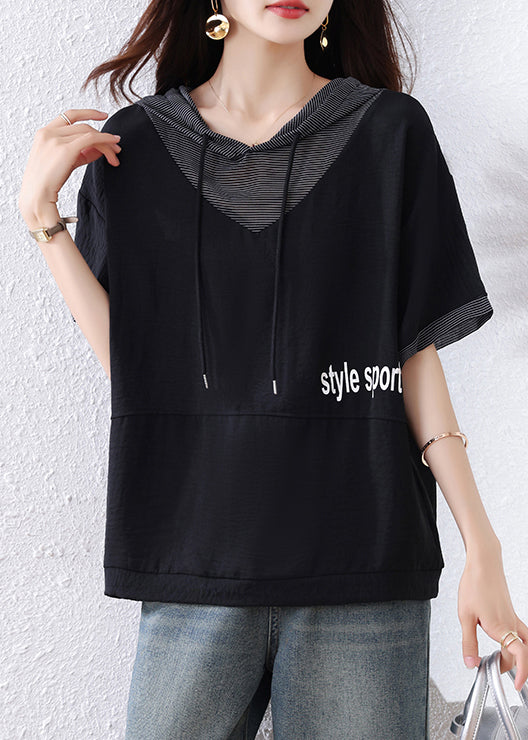 Black Hooded Patchwork Cotton Sweatshirt Summer