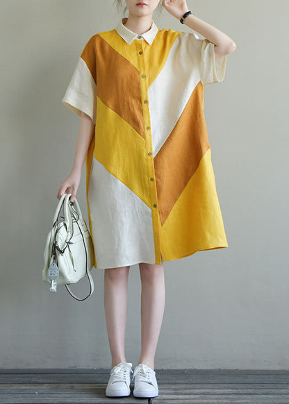 Stylish Colorblock Button Peter Pan Collar Patchwork Multi Cotton a Line Dress Short Sleeve
