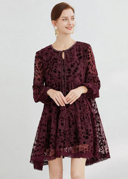 Mulberry O-neck Lace Up Silk Velour Mid Dress Long Sleeve