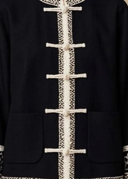 Italian Black O-neck Button Patchwork Cotton Coat Fall
