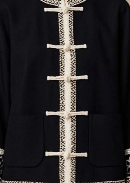 Italian Black O-neck Button Patchwork Cotton Coat Fall