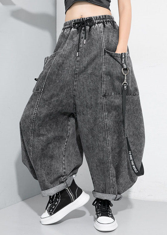 Black Grey Cinched Patchwork Denim Pants Trousers Spring
