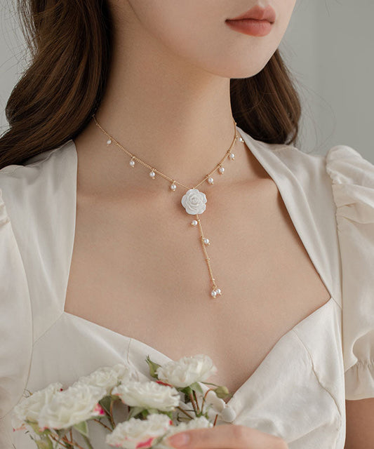 Gold Alloy Pearl Tassel Lariat Necklace