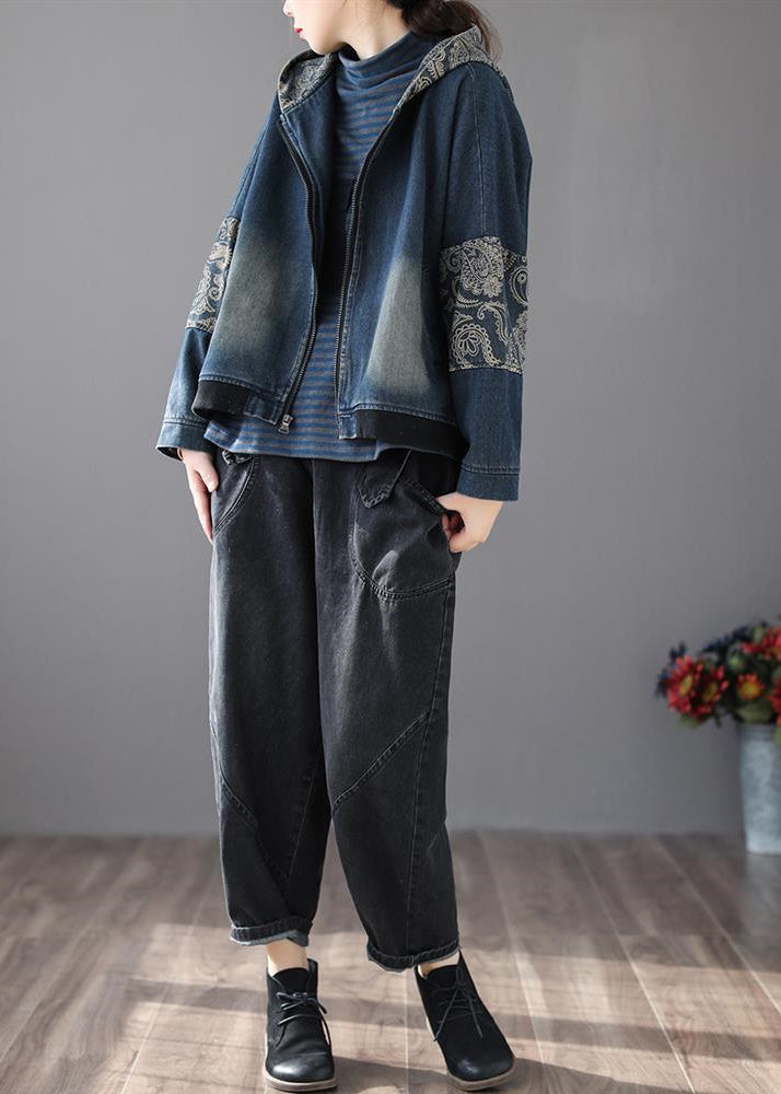 Blue V Neck Print Patchwork Zippered Cotton Denim Coat Long Sleeve