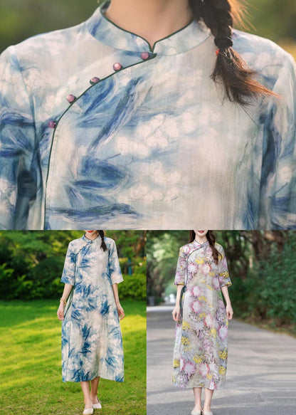Blue Button Print Lace Up Linen Long Dresses Summer