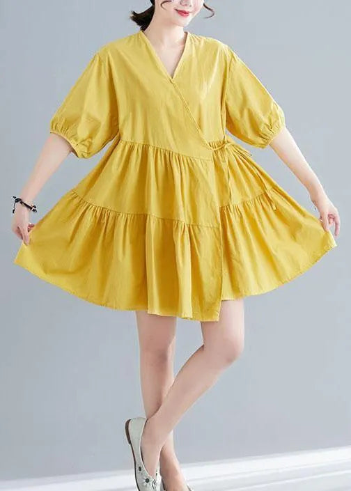 Diy Yellow Button Asymmetrical Design Summer Cotton Dress