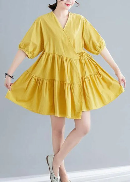Diy Yellow Button Asymmetrical Design Summer Cotton Dress
