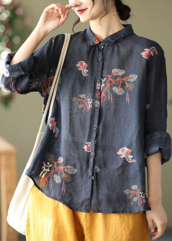 Black Peter Pan Collar Button Print Linen Shirt Tops Long Sleeve