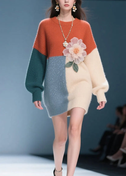 Classy Colorblock O Neck Knit Dress Fall