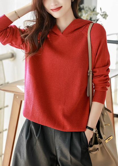 Red Woolen Hooded Pullover Sweatshirt Long Sleeve