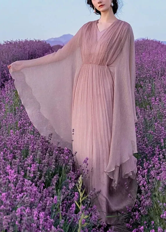Pink Wrinkled Silk Long Dress Batwing Sleeve