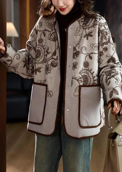 Modern Beige Embroidered Pockets Fine Cotton Filled Linen Coat Winter