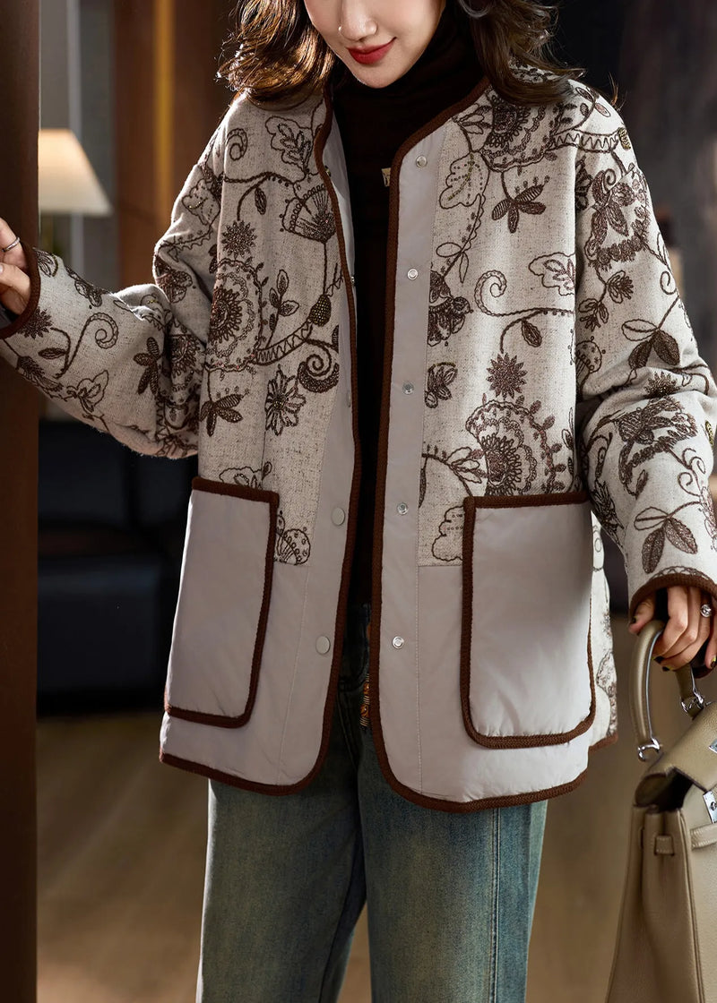 Modern Beige Embroidered Pockets Fine Cotton Filled Linen Coat Winter