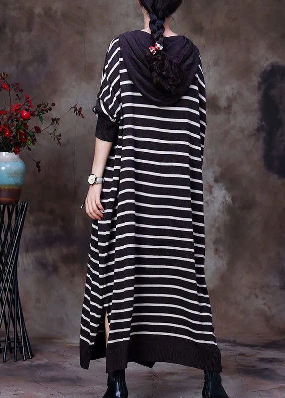 Chocolate Drawstring Hooded Striped Knit Long Dresses Spring