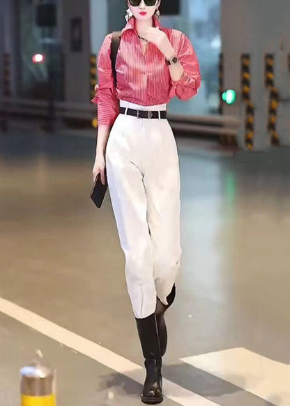 New Red Striped Shirts and White Pants Cotton Two Pieces Set Long Sleeve