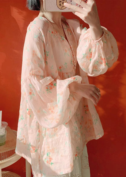 Pink Button Print Cotton Blouse Lantern Sleeve