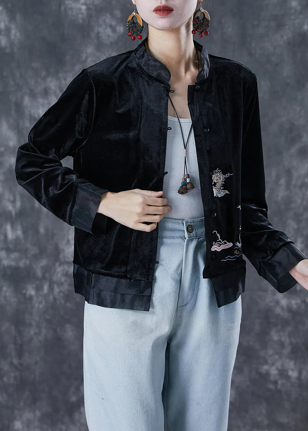 Art Black Embroideried Patchwork Silk Velour Jacket Fall