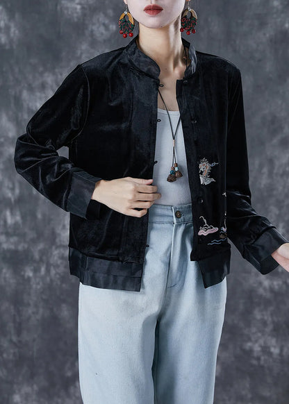 Art Black Embroideried Patchwork Silk Velour Jacket Fall