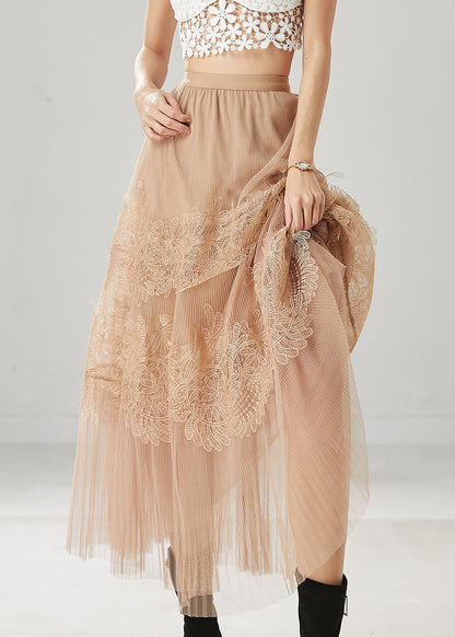 Khaki Embroidered Tulle Skirt Summer
