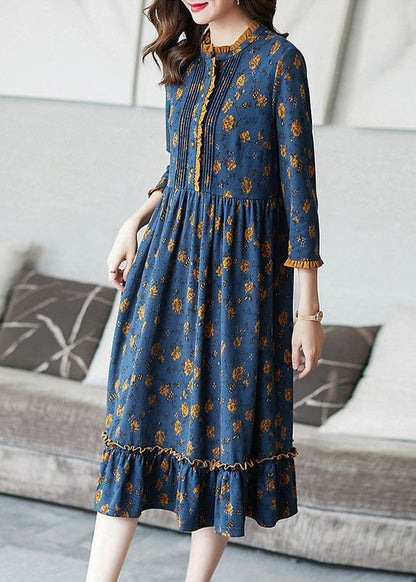 Blue Ruffled Print Wrinkled Cotton Dress Bracelet Sleeve