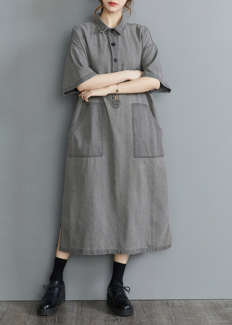 Loose Grey Peter Pan Collar Button Side Open Pockets Denim Dresses Short Sleeve
