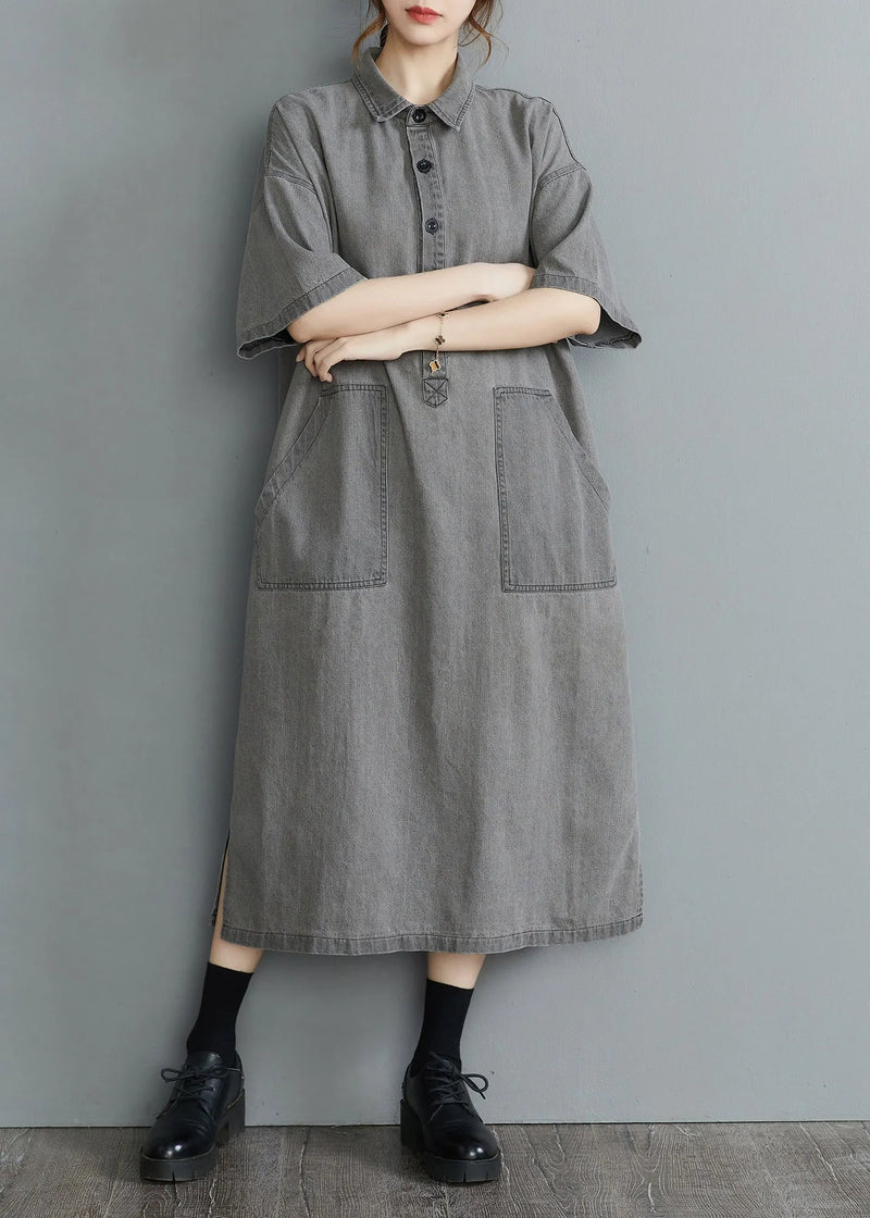Loose Grey Peter Pan Collar Button Side Open Pockets Denim Dresses Short Sleeve
