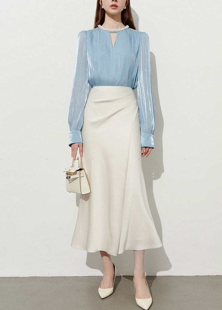 Boutique Blue Pearl Draping Silk Shitr Tops Spring