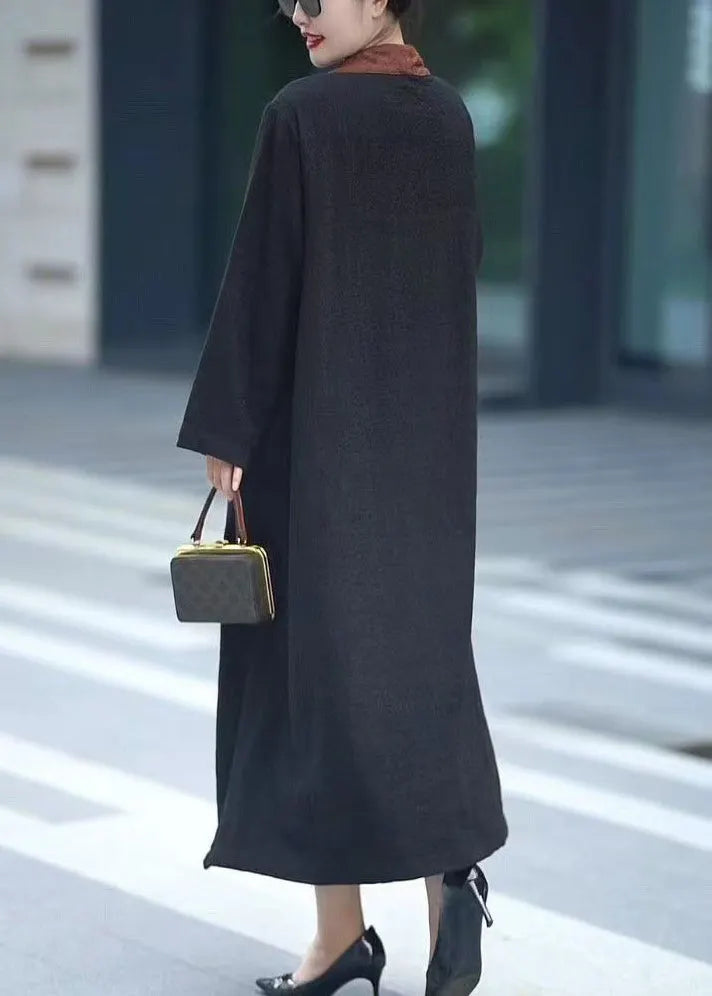 Black V Neck Chinese Button Pockets Cotton Dresses Fall