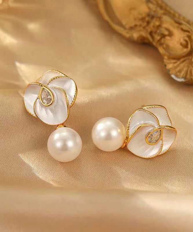 White Sterling Silver Overgild Zircon Pearl Camellia Flower Drop Earrings