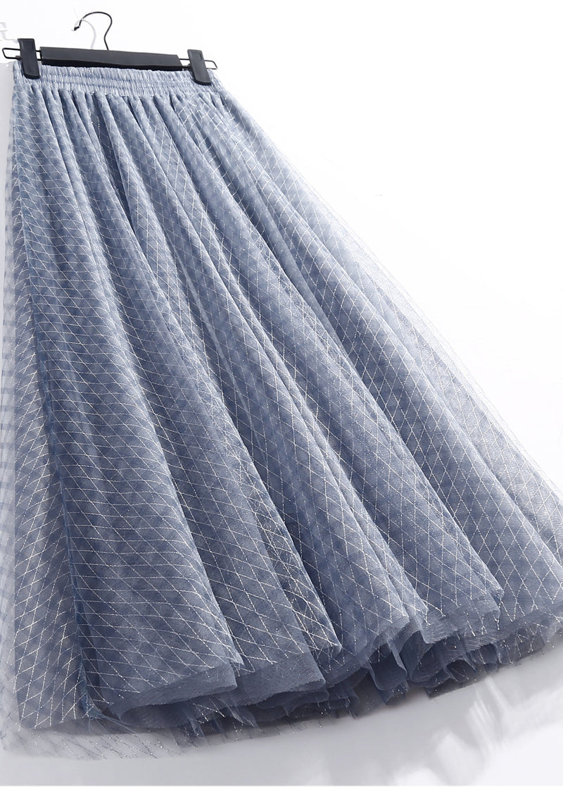 Blue Elastic Waist Plaid Tulle a Line Skirts Spring